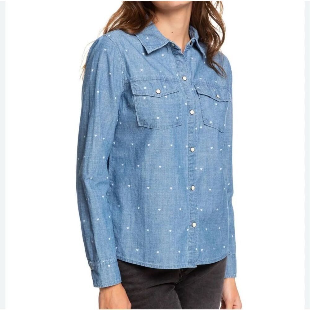 Roxy Paradisiac Cascade Womens Shirt Medium Blue 100% cotton heart print size L